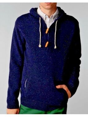 Men's Navy Hooded Crewneck Sweater with Toggle Drawcords